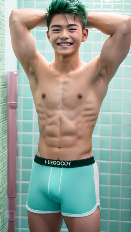 Japanese men、、Well-developed muscles and smooth skin、Fluffy, voluminous, bright green hair、Thin yellow boxer briefs、You can see the whole body from head to toe.、Smiling softly and friendly、Hero Academy、Manly posing in the bathroom