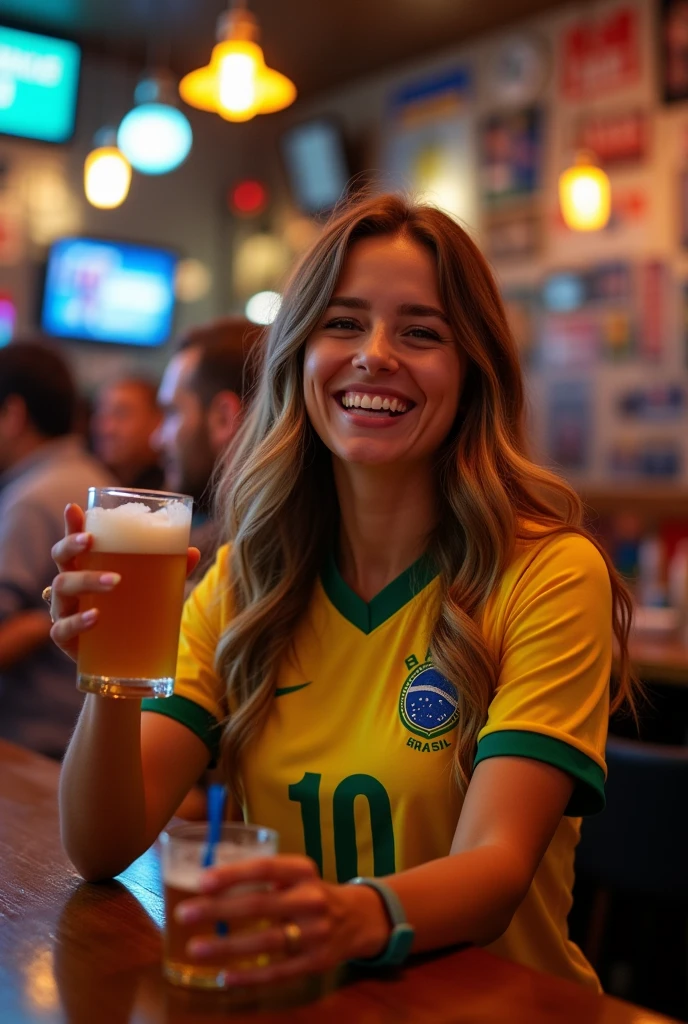  long-haired, wearing a Brazil jersey in a bar, holding a US standard beer glass in one hand and a straw in the other, she is smiling and enjoying that beautiful night 