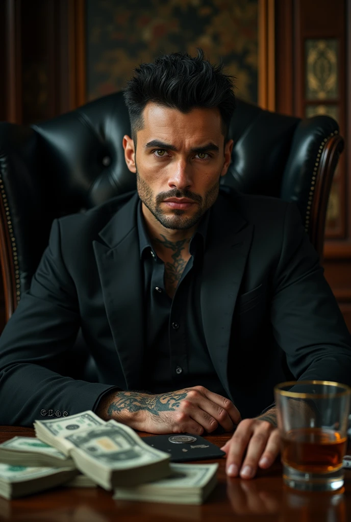 33 year old Russian-American man with black hair, green eyes, clear skin, well-built, beautiful, captivating, but intimidating and dangerous, marked features, square jaw, with some tattoos on his neck dressed in a black suit. The man is leaning back in an imposing black chair, like the king of an organization and at the desk, There are weapons, money and alcohol.