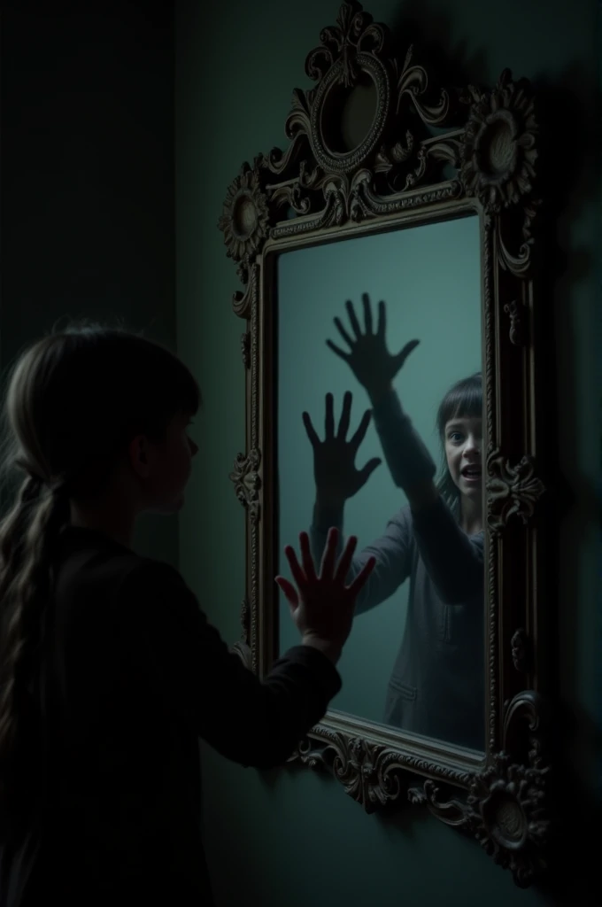 Black hands reach out from the mirror, approaching the terrified girl, while the screen begins to fade to black, showing a thrilling ending.
