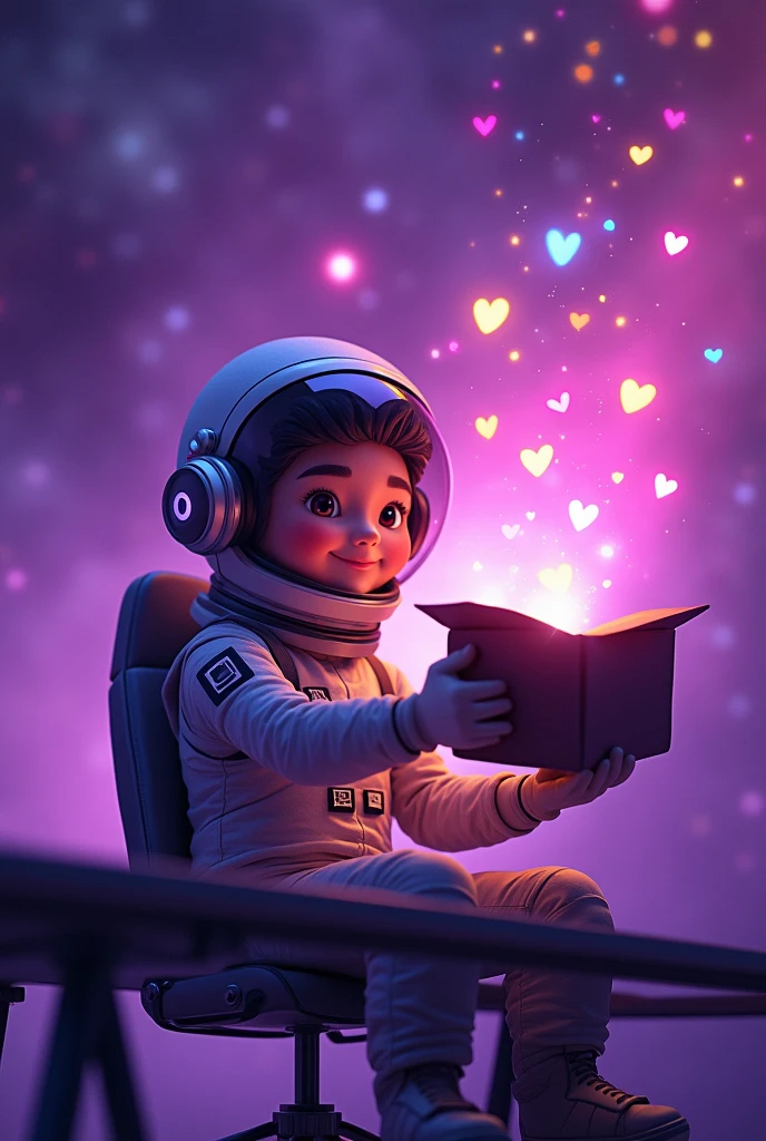 

Improve it
A little human astronaut avatar of a photographer wearing headphones is sitting at a desk with a tripod stand placed in front of him. He is taking a photo of himself while holding an open box in his other hand, from which hearts and likes are floating out. in galaxy with purple gardient background