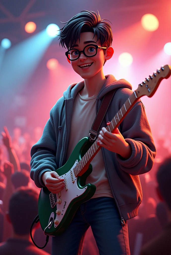 Create a 3D illustration of a white man, dark brown hair military cut, with square glasses and braces, wearing a neutral color t-shirt and over it an open gray sweatshirt playing guitar as if it were a rock concert