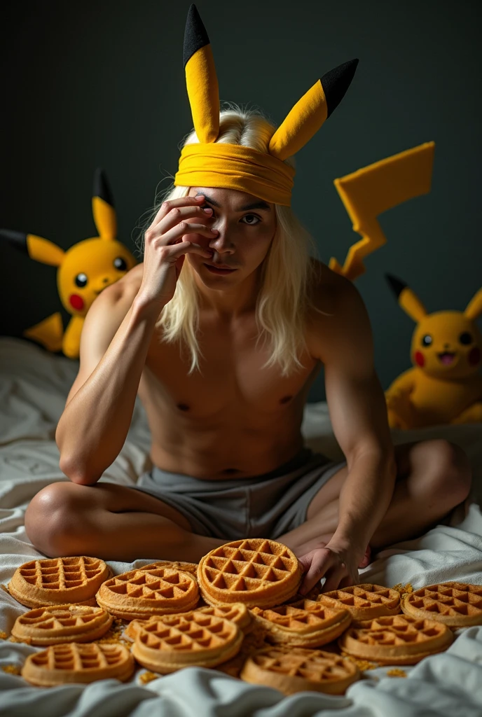 bunch of waffle (waffle) 🧇 in a hand showing the camera while hands forward slightly covering the face of a mysterious long blonde hair handsome men topless asian blonde men with yellow Pokémon yellow heaband , samurai look, silhouette lying in the very very dark bedroom full of waffle in bed and all over his body while eating more and more waffle in bed. many pikachu at the back