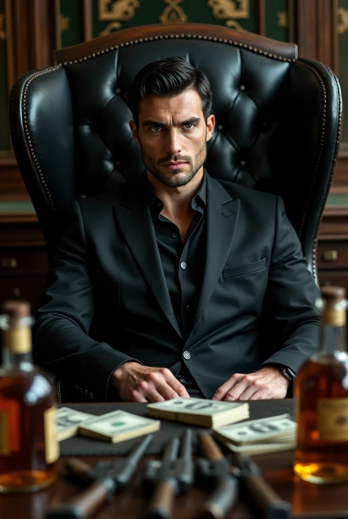 33 year old Russian-American man with black hair, green eyes, clear skin, well-built, beautiful, captivating, but intimidating and dangerous, marked features, square jaw, with some tattoos on his neck dressed in a black suit. The man is leaning back in an imposing black chair, like the king of an organization and at the desk, There are weapons, money and alcohol.