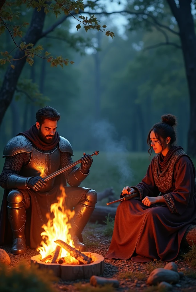a knight, A Magician, and a bard around a campfire at dusk, roasting meat.