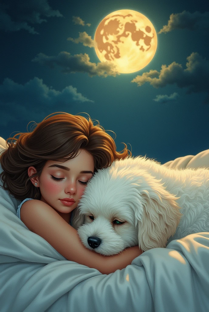 The coffee is moon and the white scrapy, and then I
make the semi-realistic illustration where scrapy like he and I are hugging sleeping and luna in the form of an angel or something like that accompanying us
when she died scrapy and I were very depressed
luna is my brown dog with a husky cross with green eyes, she died last year
scrapy is my white spanish dog with churros and dark brown eyes, He's still with me since 2015.
I'm a teenager with a tanned complexion, somewhat brown but not too much, .
Make a semi-realistic photo where Scrapy and I are sleeping and Luna in the form of an angel accompanies us.
Scrapy is like with chubby hair and I with long black hair and I'm brown.
Scrapy has floppy ears and Luna is in brown tones without white and I'm browner.