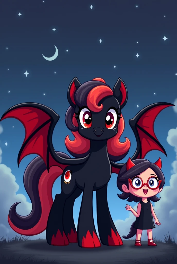 Black pony with red bat wings, Bat ears with red tips. The mane is black and red.. Cartoon girl with red glasses NO HORNS cutie mark of a red moon, she has NO HORN, She only has wings.