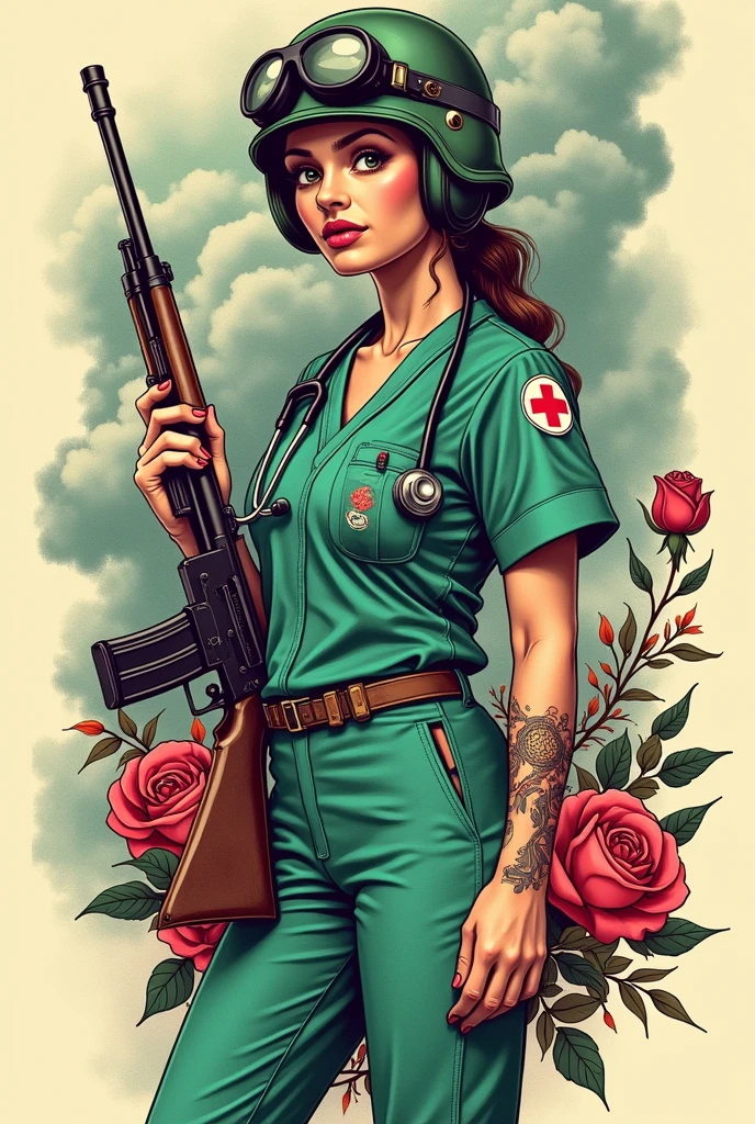 A tattoo with a nurse, a rifle and a helmet
