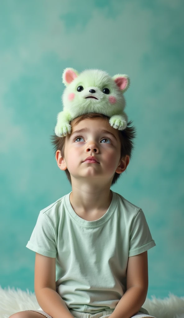 A realistic and gentle surreal portrait featuring a real person with a small, cute monster inside their head, symbolizing anxiety. The person is a young adult, with a calm and relaxed expression, as if in control. The monster, slightly cartoonish but still realistic, is soft, non-threatening, and has a slightly worried look. The image is vertical and shows the person from the shoulders up, with the monster inside the head, which is semi-transparent. The background is calming, with soft blues and greens, giving a peaceful and serene atmosphere. The overall feel is one of understanding, peace, and balance between the person and their anxiety.