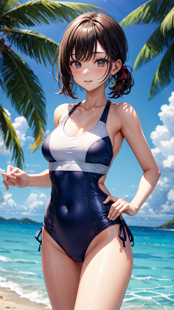 very cute and beautiful girl,(highly detailed beautiful face and eyes:1.2),blue school swimsuit, sitting,spread legs,looking at viewer,beach,distant rugged cliffs,(smile),black hair,(medium hair),dynamic angle, (best quality,masterpiece:1.2),absurdres,highres,ultra-detailed,extremely detailed,32k, cinematic scene,detailed background,solo,dynamic angle, hair fluttering in the wind,beautiful detailed sky,