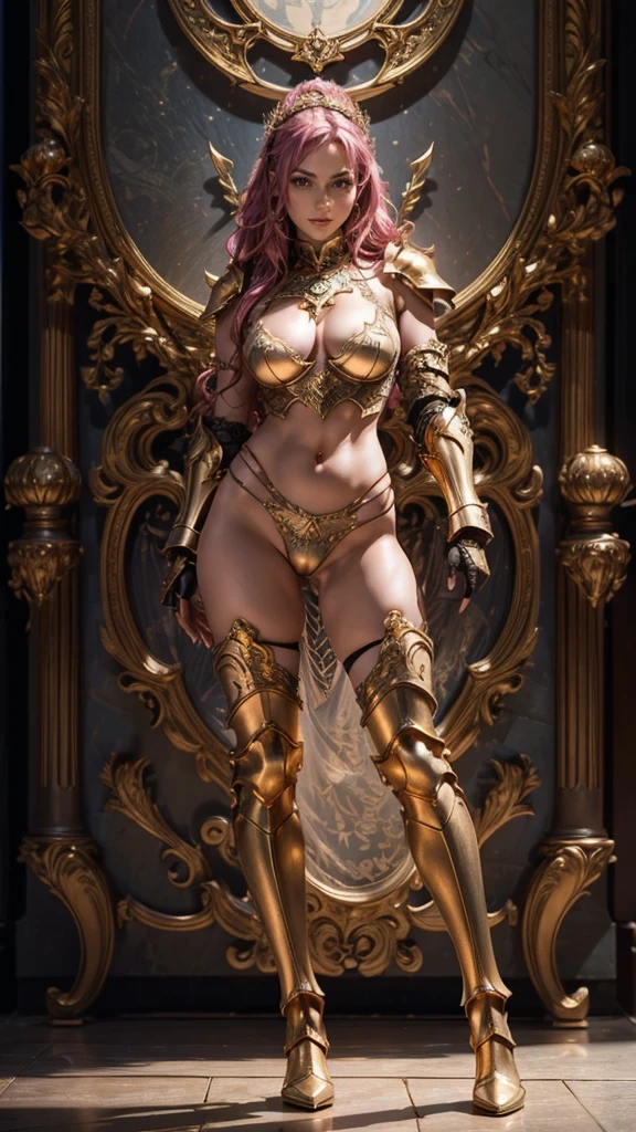 Masterpiece, best quality, 1girl, gold lace underwear, belly armor, armor corset, lace bra, extremely beautiful, fit body, full makeups, blue eyes, mecha (gold legs armor), (gold hands armor), (arms armor), garter, lace stockings, wavy hair, pink hair,extreme details, crisp picture, posing in the middle, symmetrical pose, (full body:1.3), front view, small breasts, (perfect anatomy), volumetric lights, octane rendering, cameltoe:1.3, ((nsfw))
