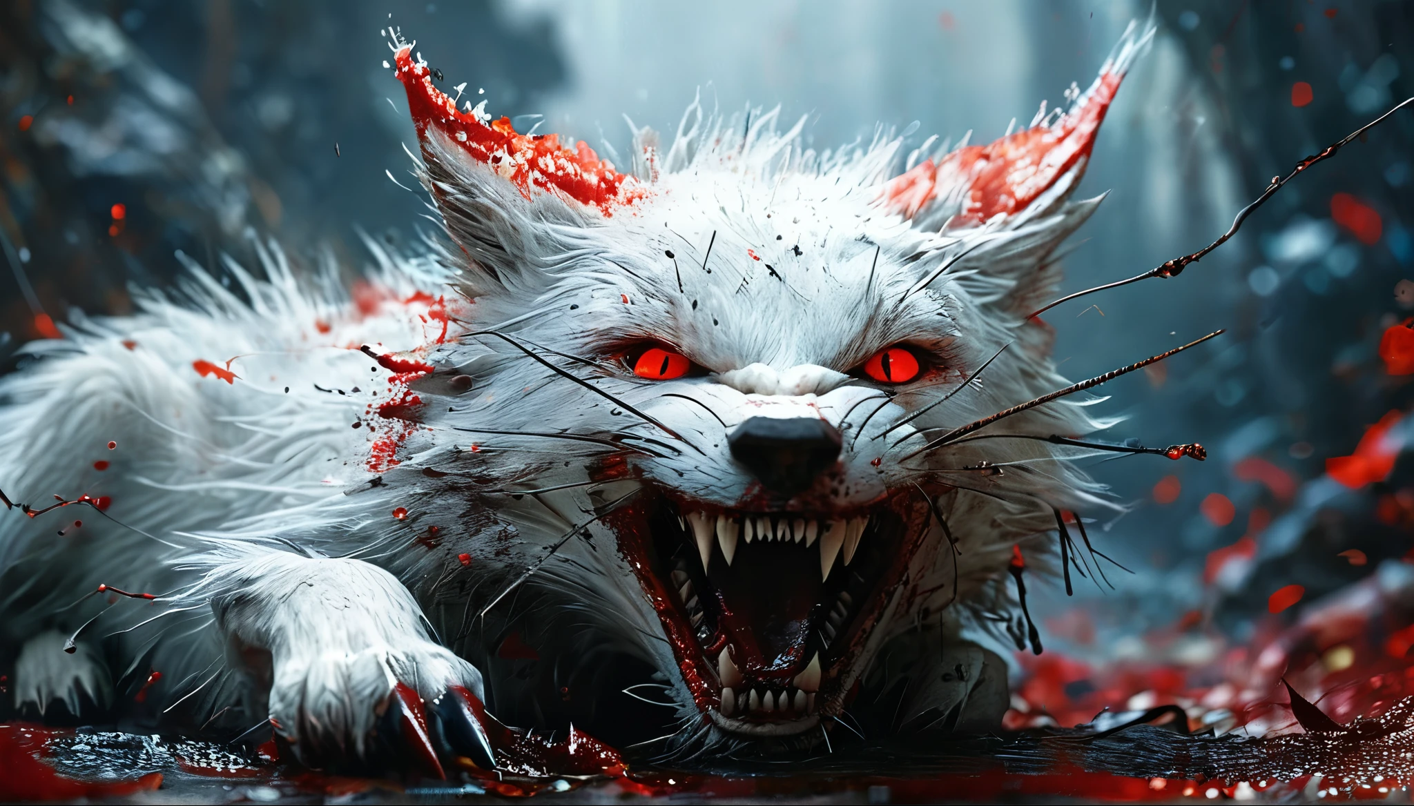 A young nieve fox spirit crawling amidst a dark and eerie setting. Its fur is intricately detailed, mottled with pire white fur and red accents. Sharp, gleaming claws rip through flesh with brutal intensity, while blood splatters and gore create a gruesome scene. The fox’s eyes glow a malevolent red, its sinister expression amplified by rows of jagged, razor-sharp teeth. The overall atmosphere is one of dread and horror, capturing the essence of a monstrous being reveling in chaos and carnage, Dark and eerie atmosphere
Intense, brutal, Blood, gore, Sharp teeth, claws, Glowing red eyes, Sinister expression, Detailed fur texture, Vivid, realistic, BREAK, (best quality,8k,highres,masterpiece:1.2),ultra-detailed,(realistic,photorealistic,photo-realistic:1.37),HDR,UHD,studio lighting,ultra-fine painting,sharp focus,physically-based rendering,extreme detail description,professional,vivid colors,dark,gritty,horror,cinematic,dramatic lighting