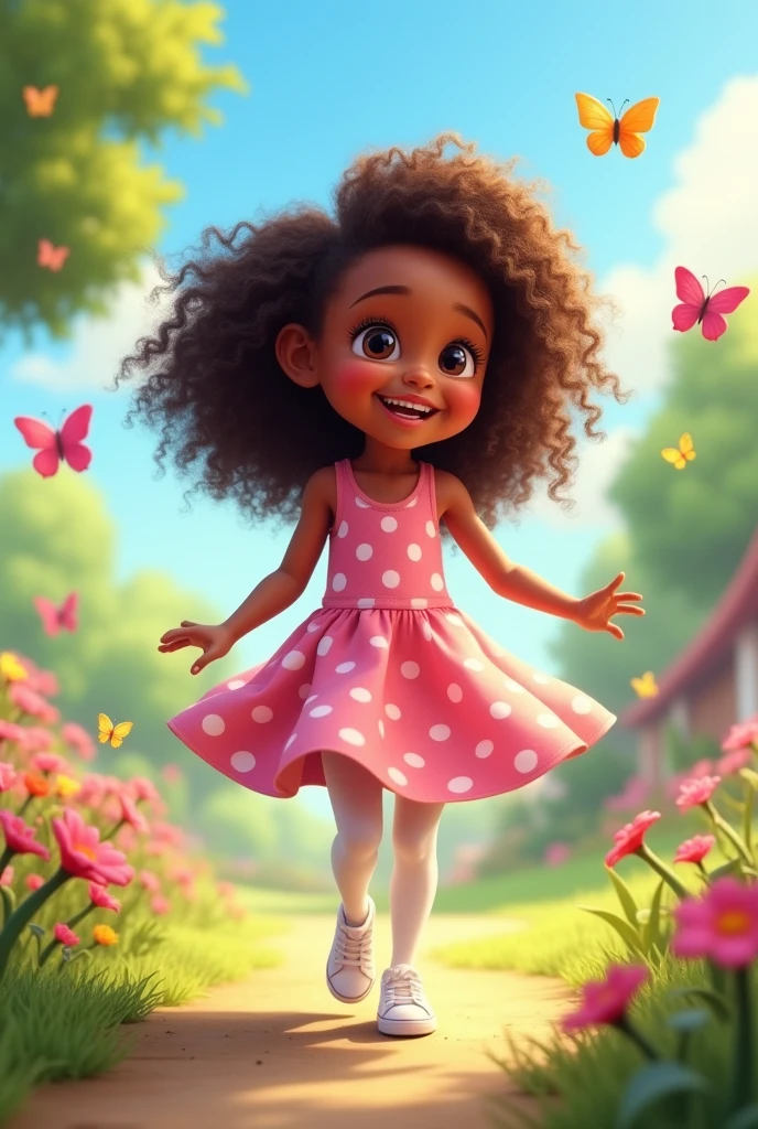 Five-year-old girl in Disney style, brown skin with brown curly hair, dark brown eyes, thin lips
Wearing a pink and white polka dot sundress with white sneakers and white tights and white sneakers