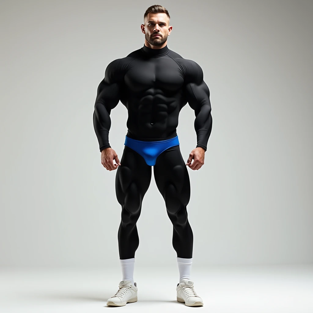 Best image quality, Ultra-high resolution, photograph,1 male,Muscular,Long legs,Black long sleeve high neck compression shirt,Black long tights,White socks that come down to mid-calf,Blue tight wrestling singlet,White sneakers,Bodybuilding Poses