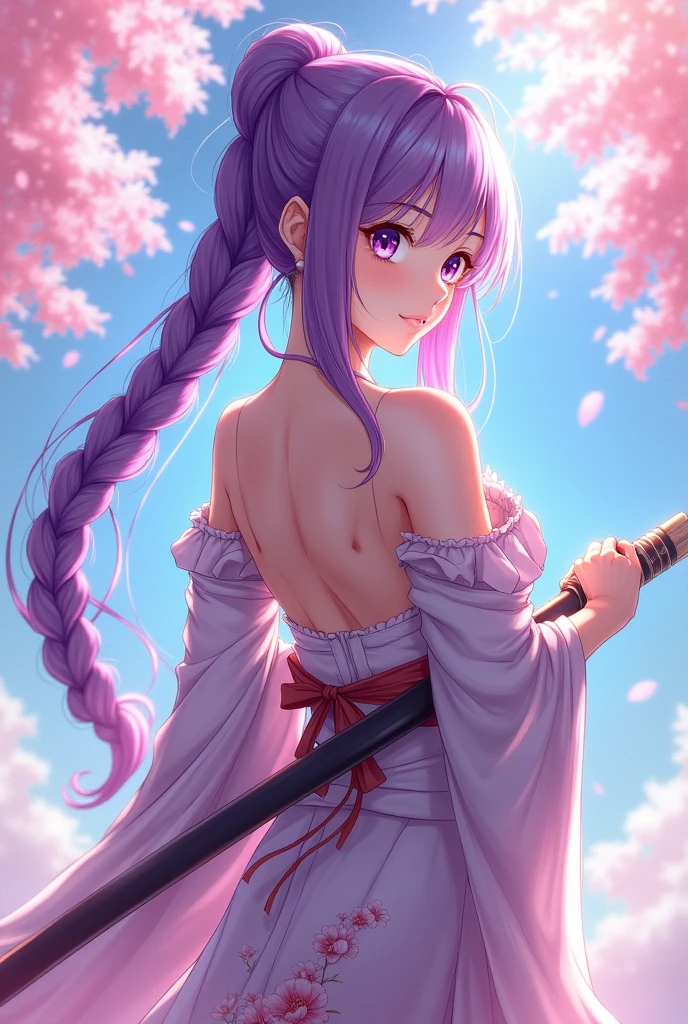 masterpiece, Best quality, anime style,  high detail, Young woman, high growth, long purple hair braided into a braid, Chinese clothing similar to a yukata but more revealing, A naginata in hand, a calm stance, Long face, purple eyes