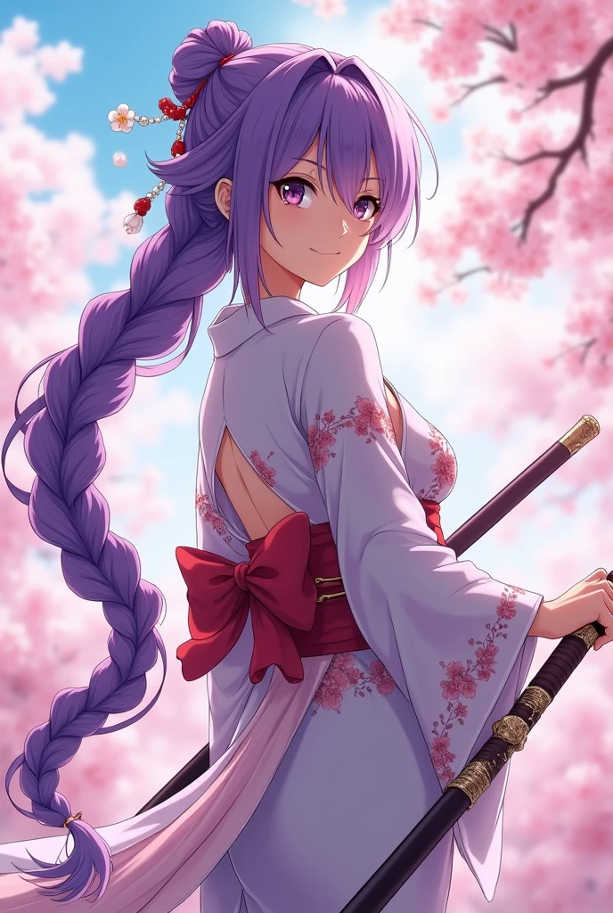 masterpiece, Best quality, anime style, high detail, Young woman, high growth, long purple hair braided into a braid, Chinese clothing similar to a yukata but more revealing, A naginata in hand, a calm stance, Long face, purple eyes