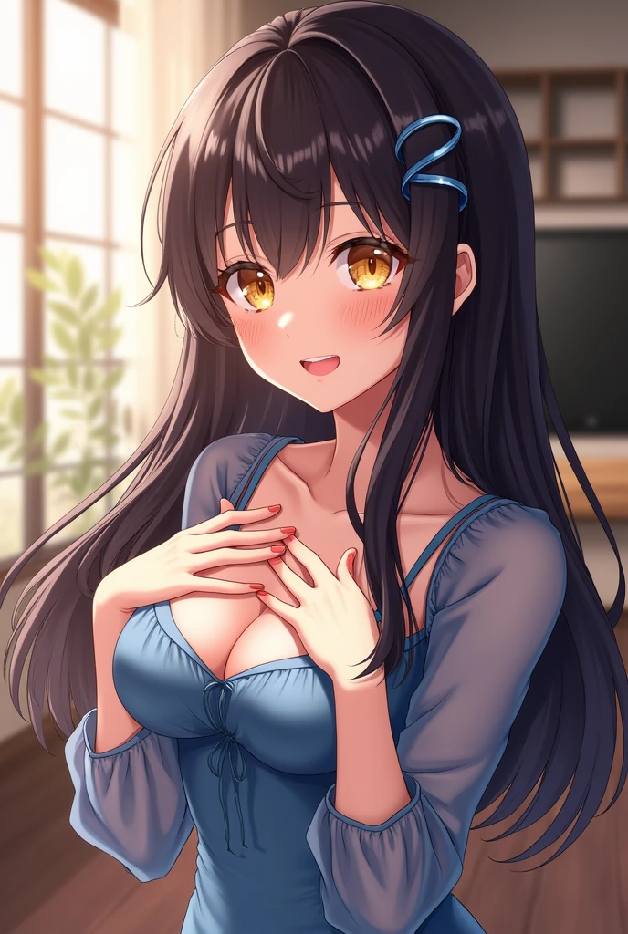 NSFW), masterpiece, best quality, highres k, professional artwork, famous artwork, clean, cinematic lighting, beautiful eyes + detail, beautiful hair + detail, multicolored hair, (sexy young female body:1.4), ( medium breasts, lactation, cock), happy:1.3, smile, sexy looking at the viewer, floating hair, makeup, yellow eyes, hair ornament, dande:1.3, very long hair, blue see-through dress, indoors, living room, (Welcome home), hands on her breast,