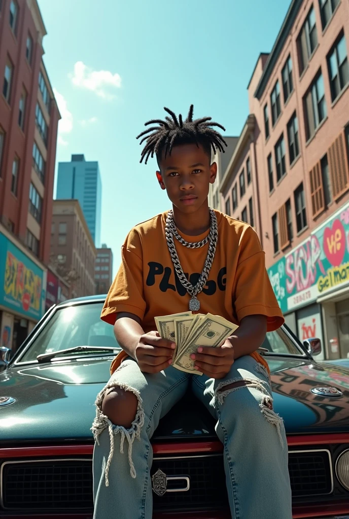 Um garoto com correntes encima de um carro sentado above him contando dinheiro escrito "PLUGG TAIWO MIXTAPE 1" above him