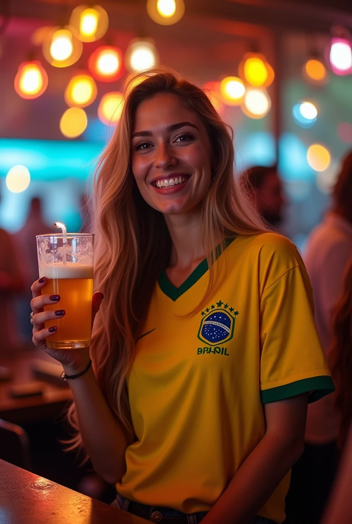 long-haired, wearing a Brazil jersey in a bar, holding a styrofoam cup of beer in one hand and a lit straw cigarette in the other, she is smiling and enjoying that beautiful night