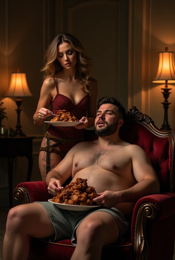 A very dominant woman force-fed her boyfriend until he became fat. The man was tied up and fed until his stomach was soft and big, every roll of fat was clearly visible.and her make him 400 pound,she tied up her boyfriend and force-feed him with fatty food