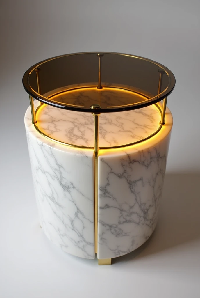 Small four-legged table made of white marble with natural marble pattern. The sides are made of marble, and in the middle of the table there is a space filled with clear glass that is precisely fitted into the marble frame.. The glass in the center of the table is supported by elegant gold frames.. The top of the table is covered with blackish transparent glass, giving it a modern and luxurious look.. Inside the table, there is a warm gold LED lighting, which is beautifully distributed to enhance the beauty of the glass and gold frames, and adds a warm and attractive atmosphere to the design.
