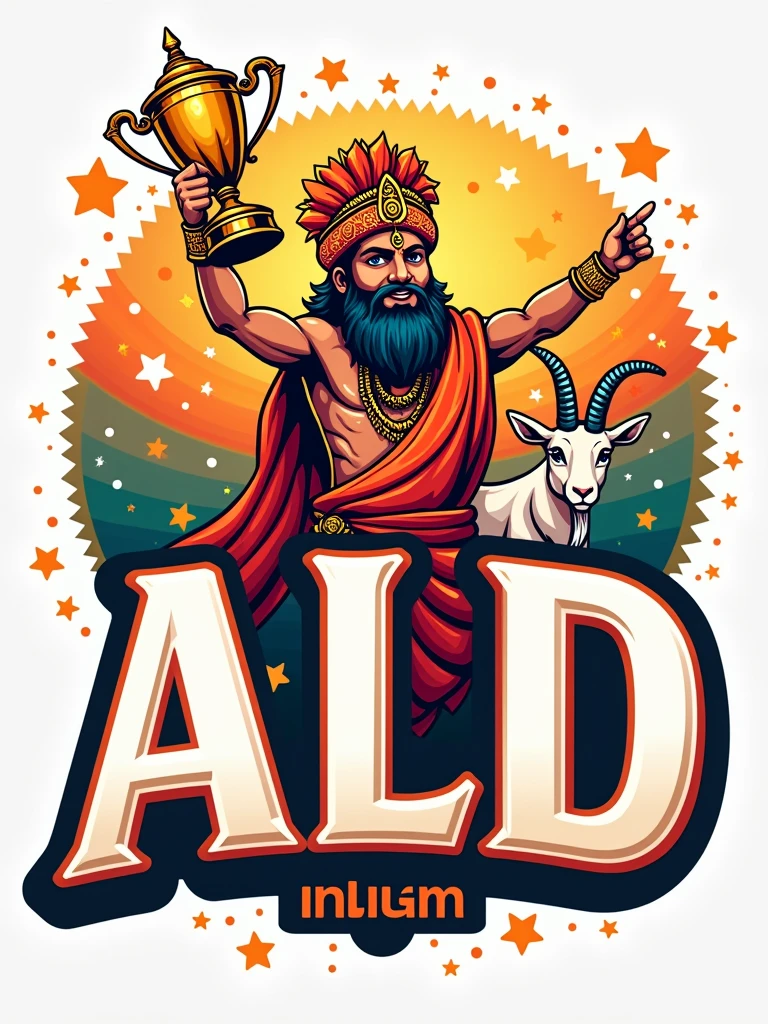 Create a logo with the name ALD featuring an Indian mascot holding a trophy and a goat on the side.