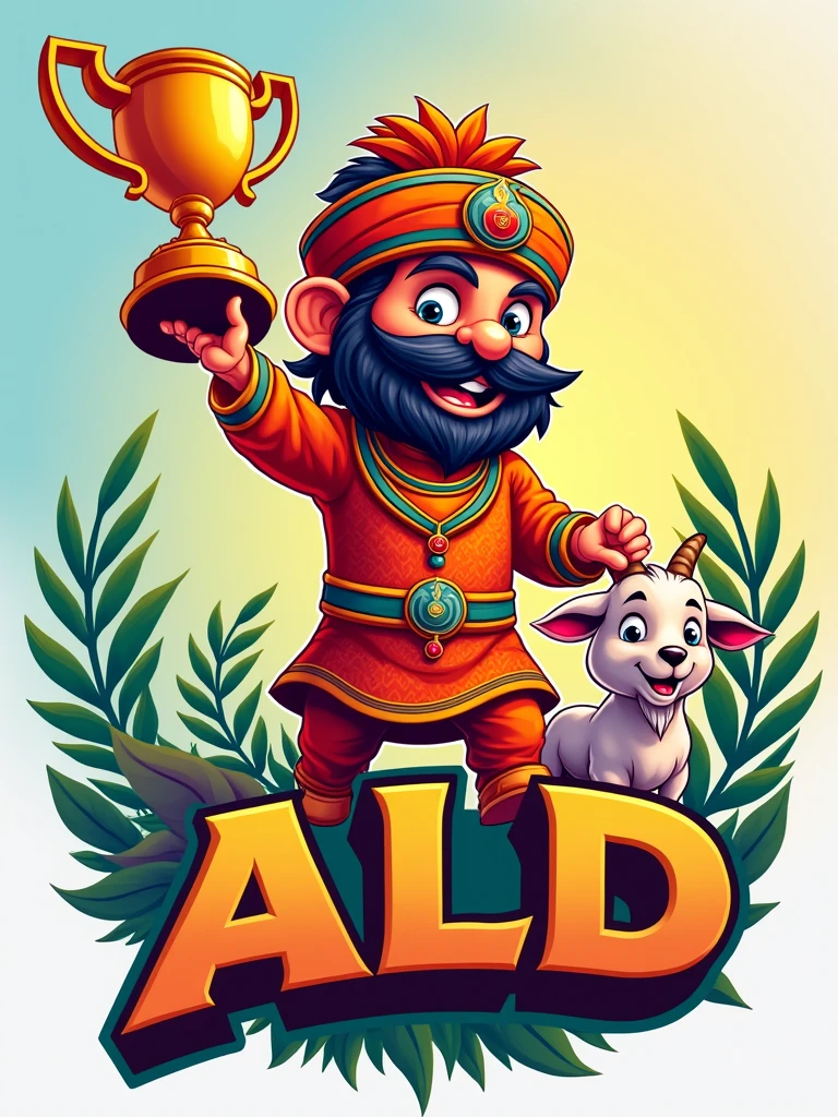 Create a logo with the name ALD featuring an Indian mascot holding a trophy and a goat on the side.