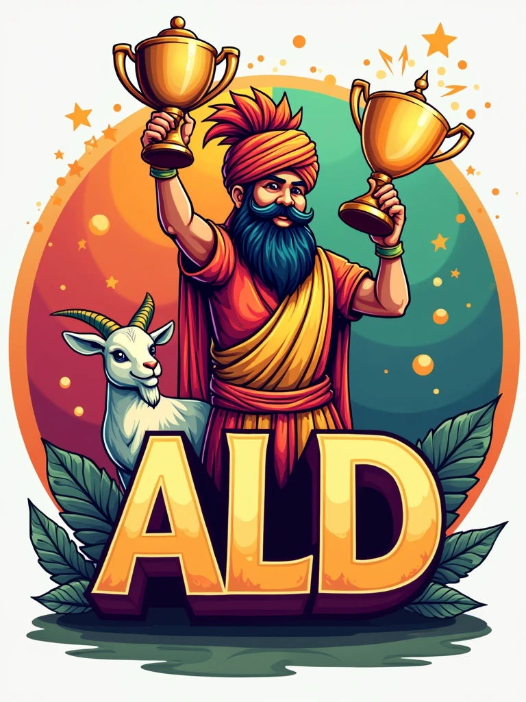 Create a logo with the name ALD featuring an Indian mascot holding a trophy and a goat on the side.