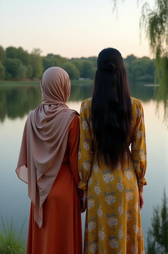 2 girls, one is covered with a headscarf, 23, There are 1.75 tall, the other girl is 25 years old, has long black hair, 1.80 tall. Let the photo be from head to toe, side by side. URFA FISH LAKE