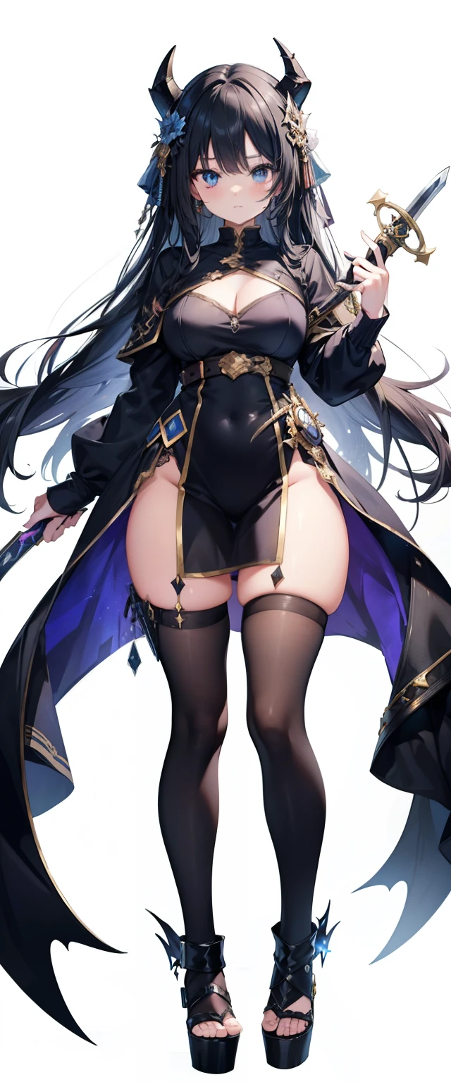 Fullbody, ager,head to toe capture on the frame,thick thighs, ULTRA, HQ, best quality, seductive lady wearing costume and holding a sword, magical, magic, RPG, FANTASY, sfw, cute, kawaii, devil horns, long black hair, blue eyes, fantasy theme, rpg theme, innocent,white background
