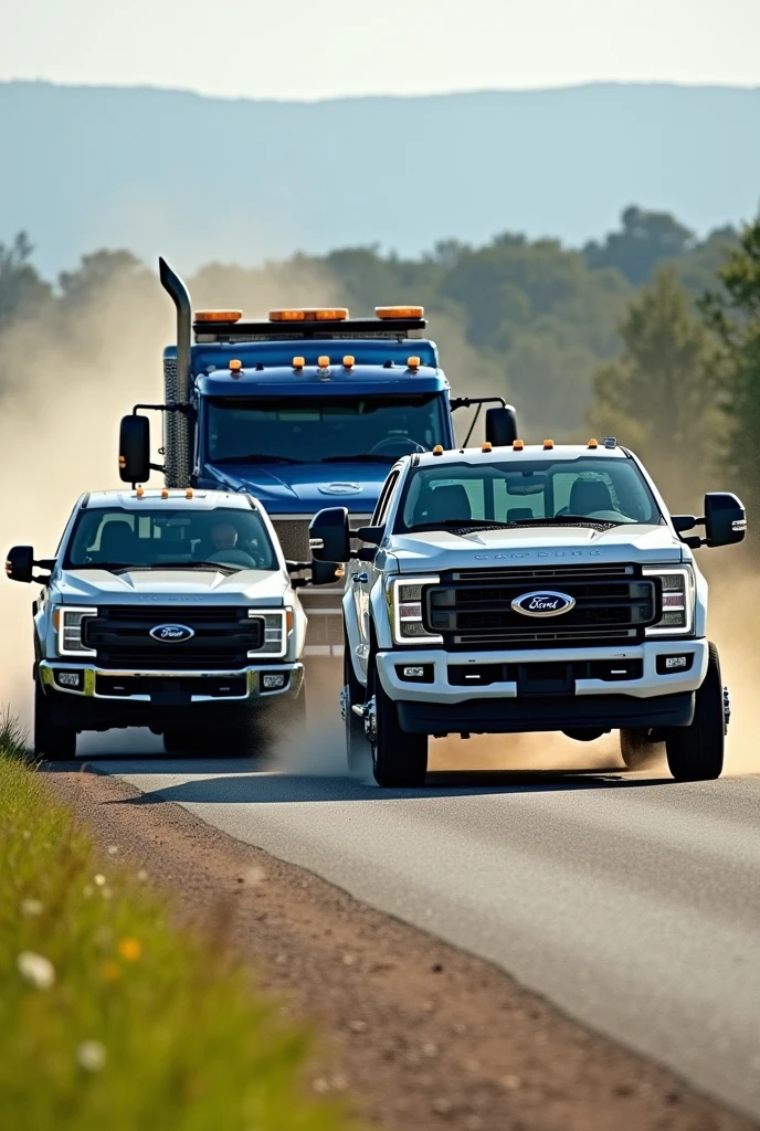 Two vehicles The first is a Saveiro Cross in white the second is a blue Ford f350 tow truck. The white Saveiro is on the left side and the tow truck is on the right side. It is a two-lane double track. The white Saveiro tries to overtake the blue tow truck and ends up colliding on the side. The collision was side-on and the white Saveiro that collided, leaving the two vehicles aligned side by side.