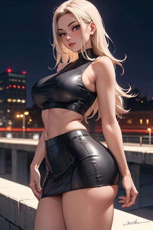 masterpiece, best quality, shadows, perfect hands, perfect legs, perfect anatomy, pretty face, mature features, 1 girl, 21 years old, MILF, mature woman, tight crop top, sexy leather skirt, city night background, white long hair, thighs, ass, breast, seductive, spicy, posing, cinematography lights,