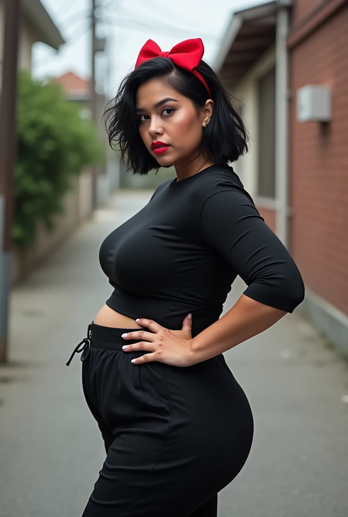 woman in baggy pants bending over, big booty, curvy accentuated booty, bending over, full length view, side shot, uhd candid photo of dirty, insanely inflated hips, somewhat bent over, taken from side, view from the side, thick, seen from side, thick thigs, photo taken from side1girl, (black hair, short hair, wavy hair, thick eyelashes, red bow, black tight shirt, baggy pants), huge breasts, ass, thick thighs, wide hips