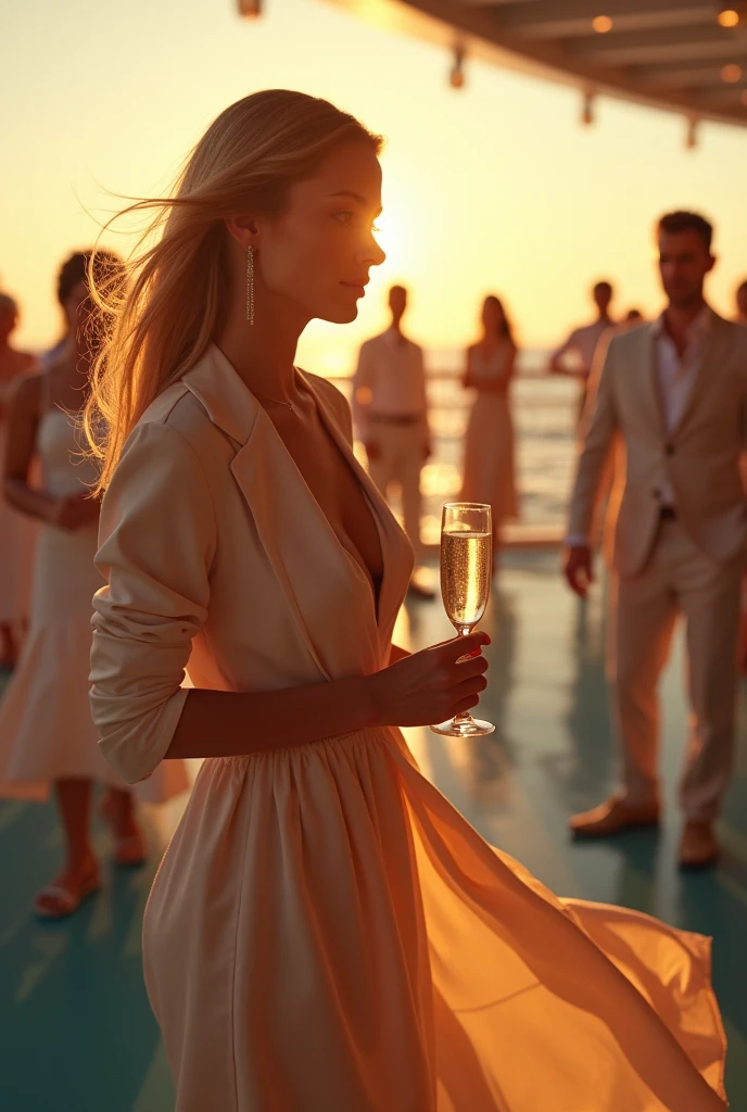 contrasts hilaryswank attractive woman on (cruise ship) wearing (summer jacket) and (summer skirt) 24mm 4k textures soft cinematic light adobe lightroom photolab hdr intricate elegant highly detailed sharp focus ((((cinematic look))) soothing tones crazy details intricate details hyper detailed low contrast soft cinematic light exposure blending hdr date on classic white luxury yacht romantic date on yacht beautiful couple party on luxury yacht enjoying sea breeze and musical atmosphere holiday guests laughing and dancing. suddenly a well-dressed man, a stranger, slowly approaches a girl, рйнйнфз, who is standing with her back to him at the side of the yacht and drinking champagne. to ask her to dance.