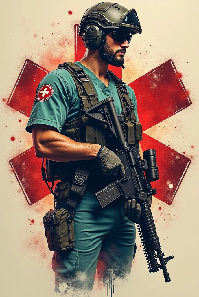A tattoo with a male nurse with a rifle and a helmet
