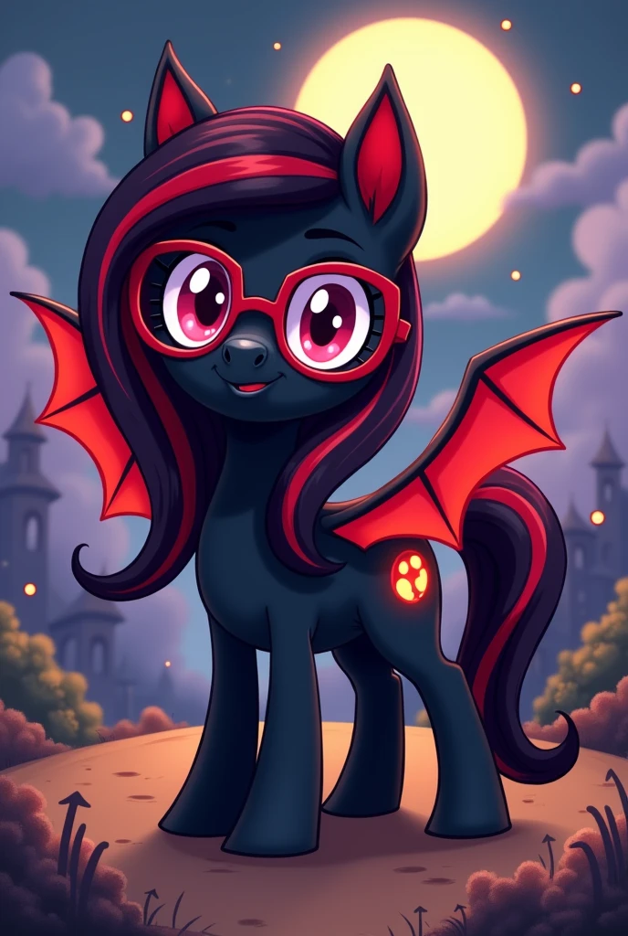 Black pony with red bat wings, Bat ears with red tips. The mane is black and red.. Cartoon girl with red glasses NO HORNS cutie mark of a red moon, she has NO HORN, She only has wings.. There is no person next to her, she&#39;s the only one 