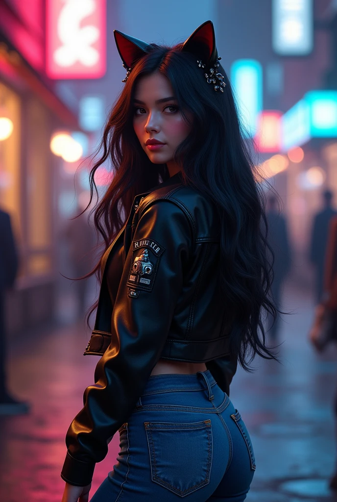 original, détaiL compLexe, illustration, chef-d&#39;œuvre, fond d&#39;écran CG unity 8k extrêmement détaillé, souligner, Affûtage, dynamique, bokeh, , Une belle fille aux longs cheveux noirs gros seins et grosses fesses porte un jean bleu sexy et une veste noire avec un chat.,_oreilles et cheveux_ornement