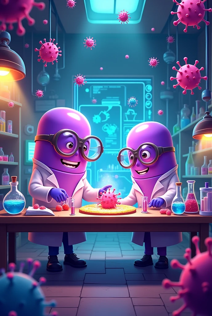 A cartoon of a laboratory, full of viruses in the air,with flashing lights,and there is a table that in the center has a super bacteria being created,around this table there are 2 scientists,but they aren't human,They are giant purple medicine pills ,wearing glasses  