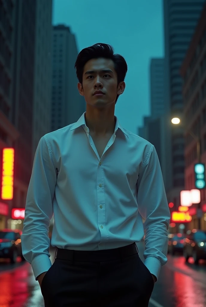 Handsome young adult with slicked back black hair, clean-shaven wearing a white button-down shirt and black pants in a dark city at night