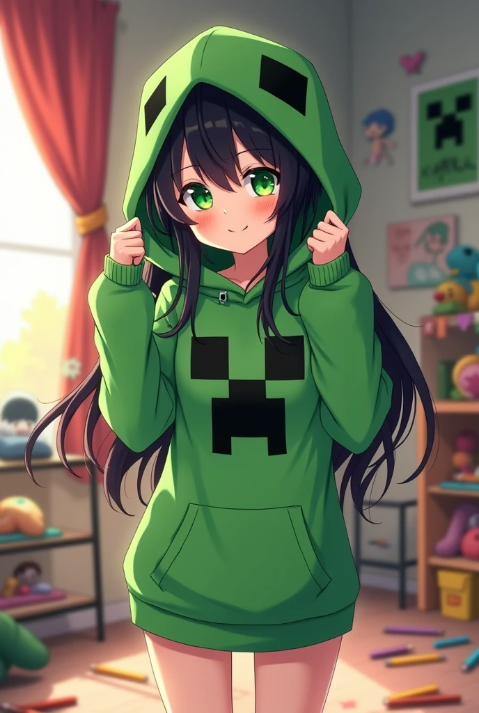 Draw an anime girl wearing a creeper hoodie