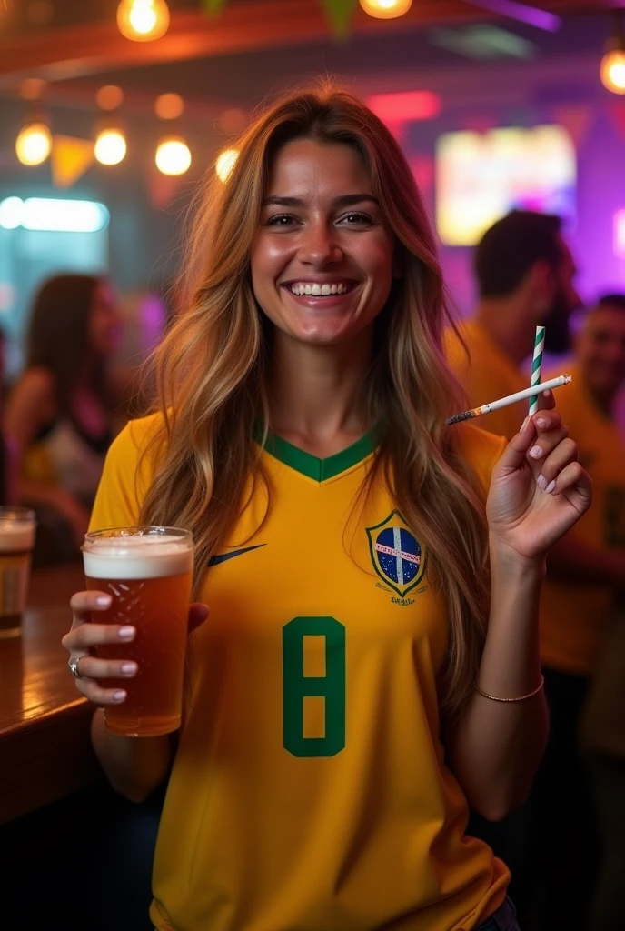  long-haired, wearing a Brazil jersey in a bar, holding a styrofoam cup of beer in one hand and a lit straw cigarette in the other, she is smiling and enjoying that beautiful night 