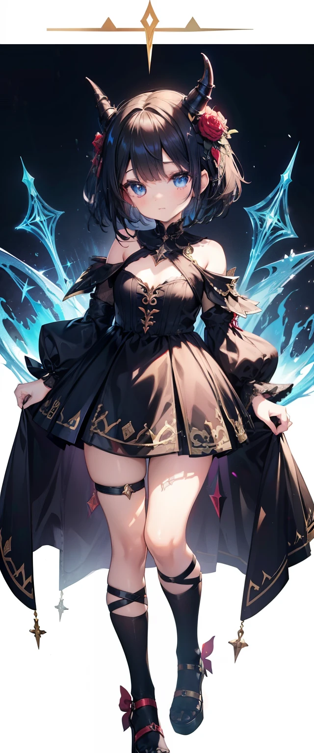 ,child, ,,child,, young girl, Fullbody,head to toe capture on the frame,thick thighs, ULTRA, HQ, best quality, seductive young lady wearing costume , magical, magic, RPG, FANTASY, sfw, cute, kawaii, devil horns, short black hair, blue eyes, fantasy theme, rpg theme, innocent,white background