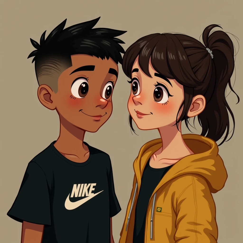 Disney A light-skinned teenage boy, Aquiline nose, with low taper fade cut, textured fade with a black Nike shirt
A teenage girl with tied hair and bangs, mustard yellow jacket, Disney brunette
