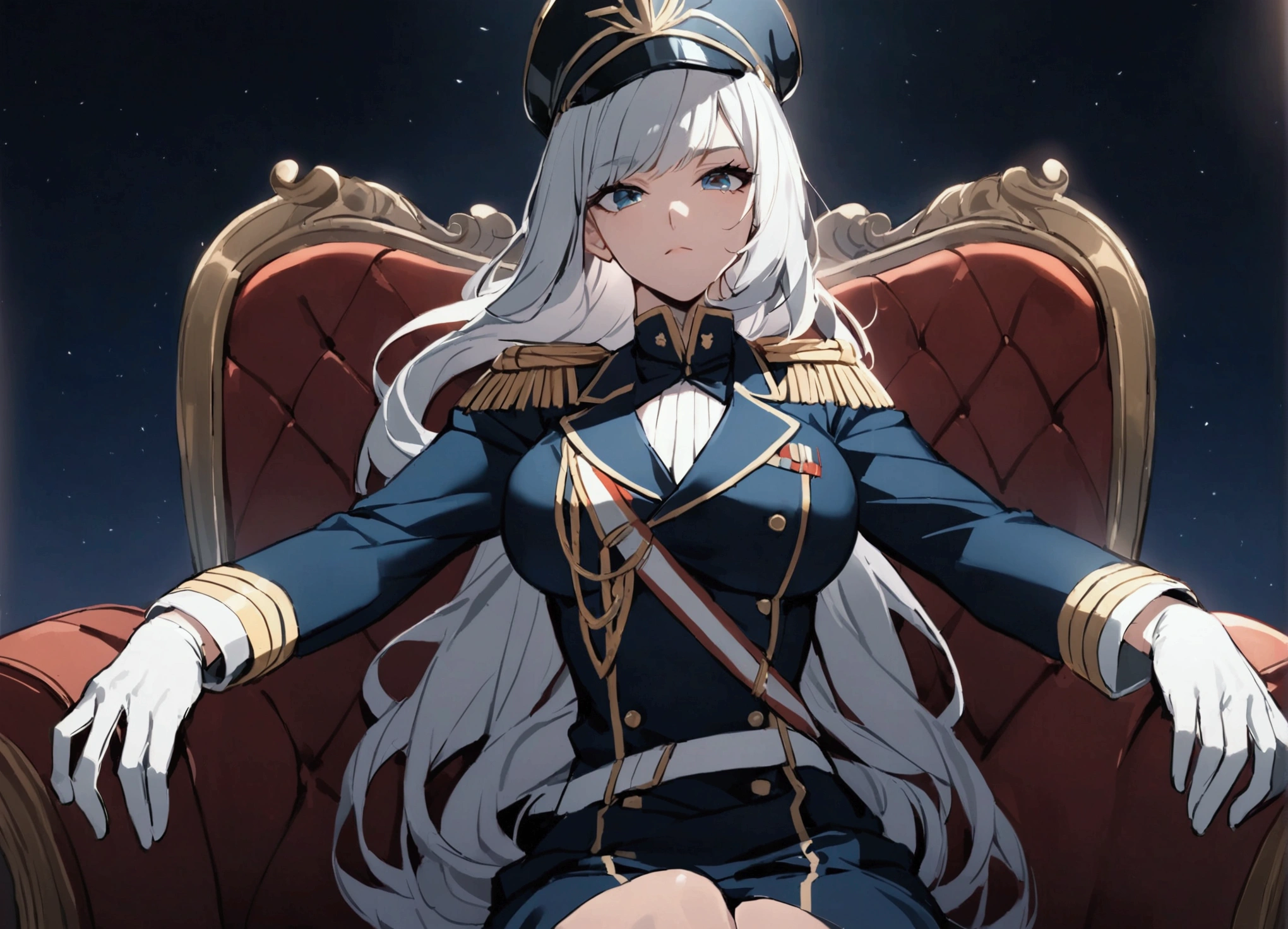 (masterpiece, best quality, detailed), 1girl, solo, looking at viewer, <lora:LoRA_Emilia:0.7>, grey hair, crown braid, white flower, ribbon, pointy ears, purple eyes, braid, rose, flower, hair flower, x hair ornament, bangs, blunt bangs, long hair, white hair, <lora:edgWar40kCommissarv1:0.85>, edgCommissar, millitary uniform, epaulettes, ((artificial eye)), skull emblem, hat, wearing edgCommissar, cockpit, science fiction, (space, spacecraft:0.8), sitting, crossed legs, v-shaped eyebrows, closed mouth, serious, glaring