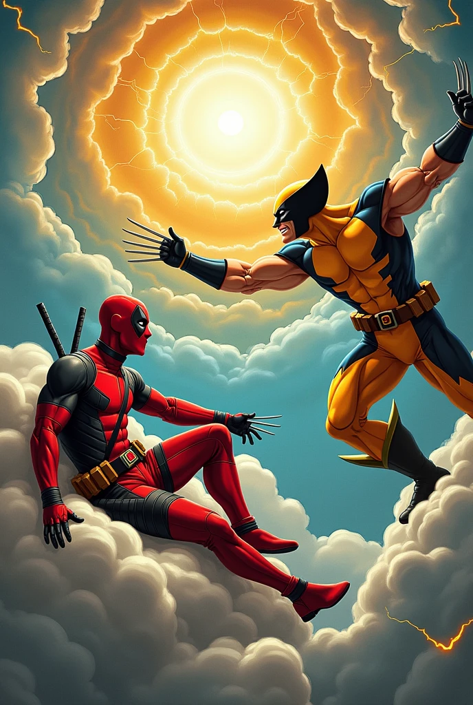 Deadpool and Wolverine in a painting of The Creation of Adam 
