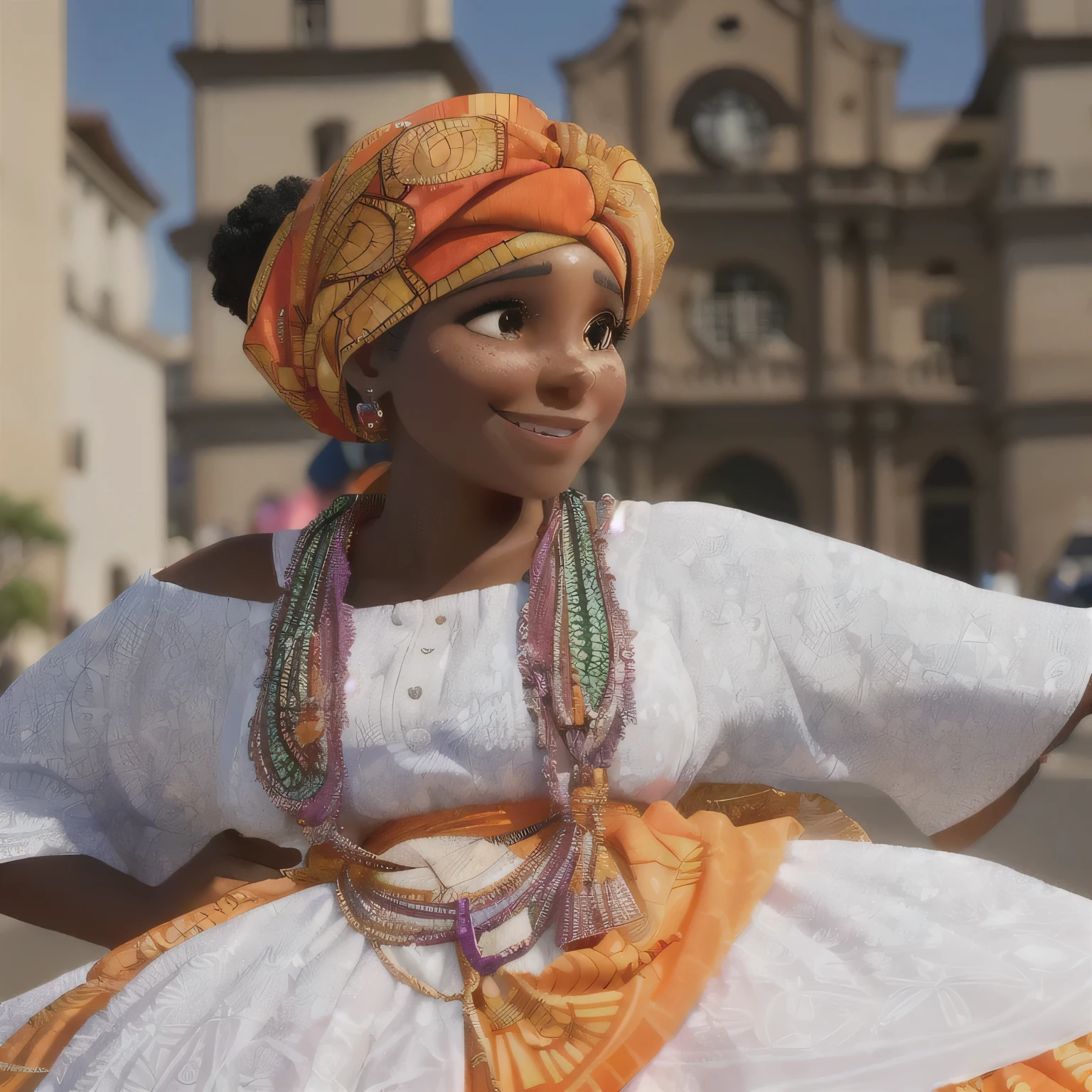 a woman in a colorful dress and head scarf smiles while walking down the street, 30-year-old womann from Bahia, wearing an ornate outfit, beautiful city black woman only, african woman, wearing an african dress, traditional clothing
