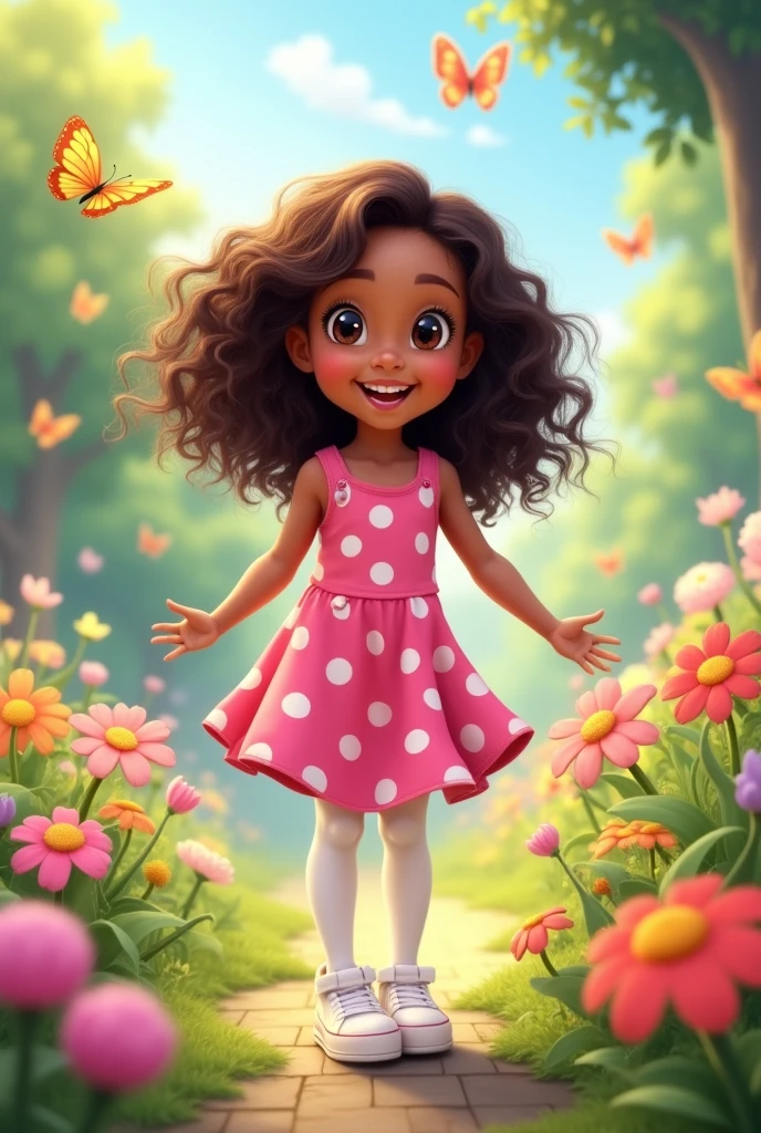 Five-year-old girl in Disney style, light brown skin with brown, wavy hair, dark brown eyes, thin lips
Wearing a pink and white polka dot sundress with white sneakers and white tights and white sneakers