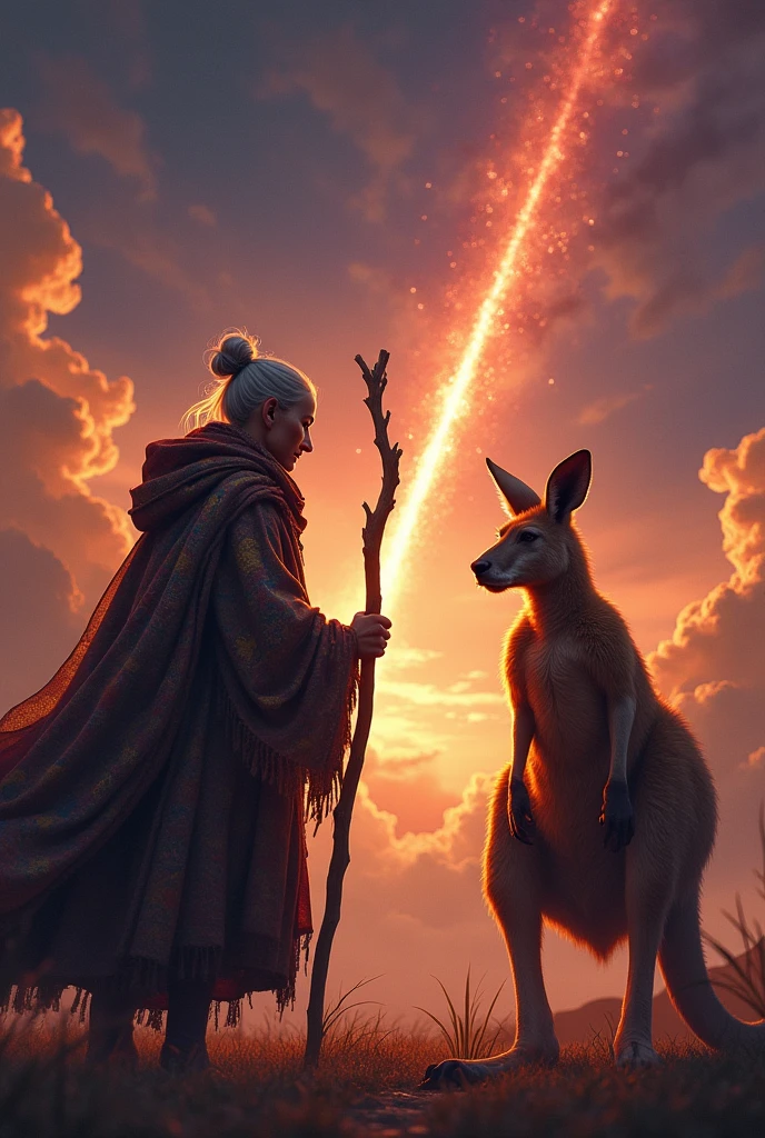 An old woman fighting a red kangaroo while a meteorite falls.