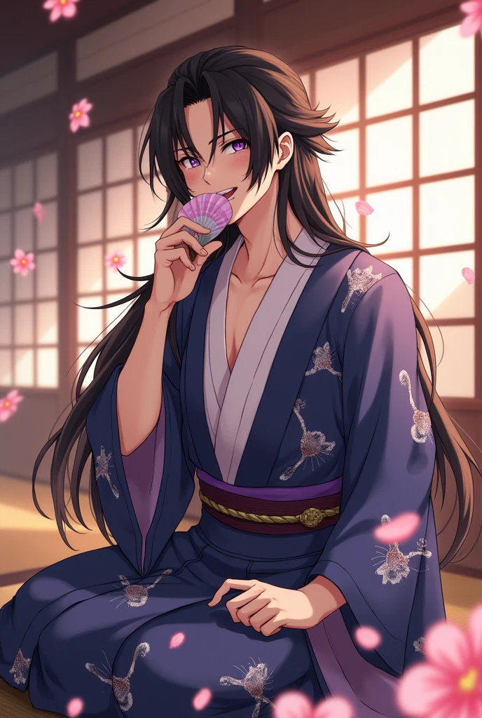 Drawing of a young man with long black hair swept to the left, slim body, masculine face purple eyes, wearing a kimono for men, scene in an old Japanese house, sitting and holding a fan, covering his mouth and laughing