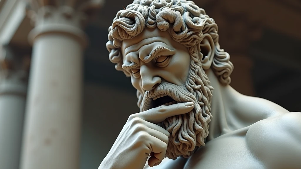 close up of a statue of a man with a beard, a statue inspired by Exekias, featured on zbrush central, digital art, statue of hercules looking angry, muscular character, realistic 8k bernini sculpture with your finger in your mouth making silence